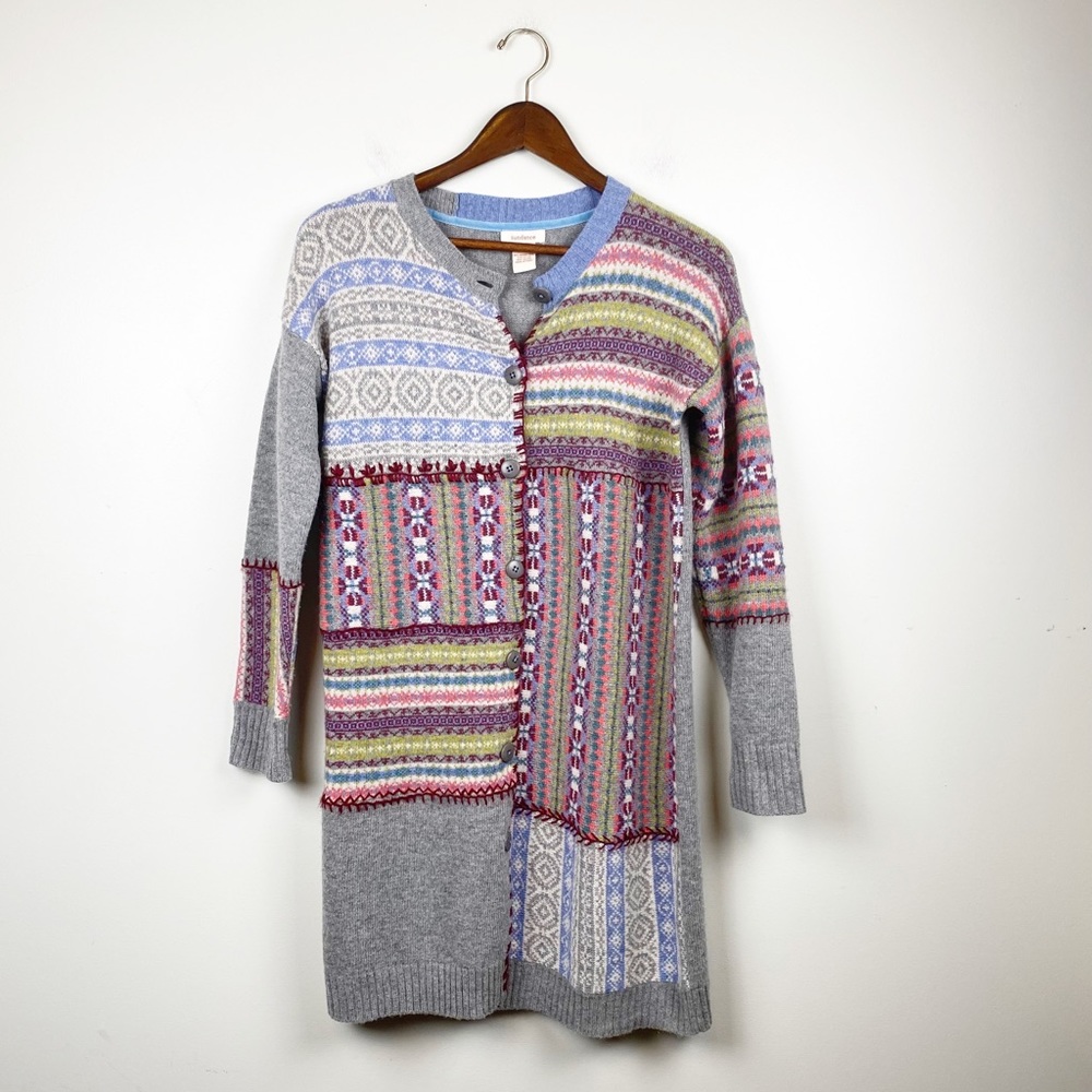 Sundance Merino Wool Knit Long Cardigan Multi Color Pattern